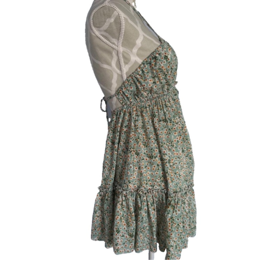 💕 Shein Light Green Floral Print Mini Sundress Adjustable Tie V-Neck Size 4 - Picture 10 of 14